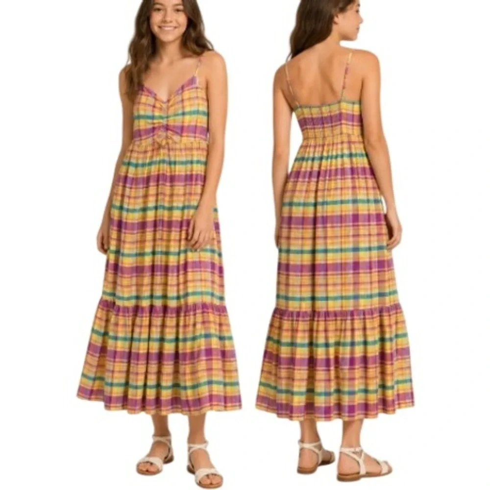 Thereabouts Maxi Dress Girls L Multicolor Plaid Cottagecore Boho Chic Summer